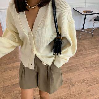 Drop-shoulder Rib-knit Cropped Cardigan