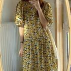 Short-sleeve Floral Midi A-line Dress Yellow - One Size