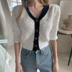 Elbow-sleeve Contrast-trim Cardigan Ivory - One Size