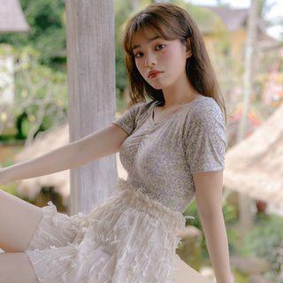 Set: Short-sleeve Floral Print Swimsuit + Swim Skirt