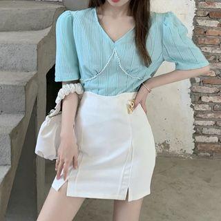 V-neck Faux Pearl Blouse / Mini Pencil Skirt