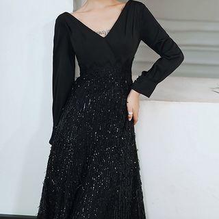 Long-sleeve Sequin Midi Prom Dress