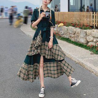 Short Sleeve Plaid Panel Asymmetrical A-line Shirtdress