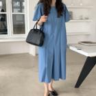 Square-neck Plain Pleated Midi A-line Dress