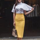 Elbow-sleeve Shirt / Midi Fitted Skirt