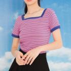 Square-neck Striped Short-sleeve Top