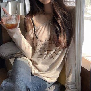 Long-sleeve One Shoulder Lettering T-shirt Almond - One Size