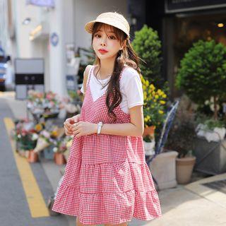 Set: T-shirt + Gingham Pinafore Mini Dress