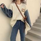 Round-neck Knit Panel Denim Long-sleeve Top Almond - One Size