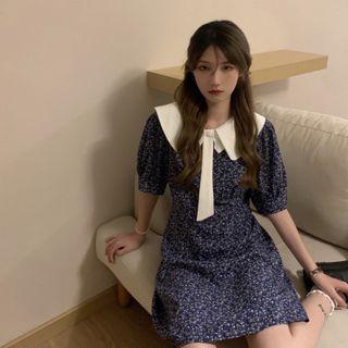 Elbow-sleeve Floral Print Mini A-line Dress Floral - Blue - One Size
