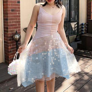 Asymmetric Hem Color Block Spaghetti Strap Dress