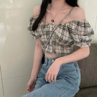 Puff-sleeve Plaid Cropped Blouse Plaid - Black & Beige - One Size