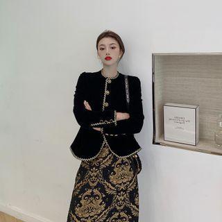 Contrast Trim Jacket / Printed Midi Pencil Skirt