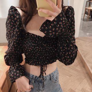Floral Off-shoulder Long-sleeve Crop Blouse As Figure - One Size