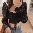 Floral Off-shoulder Long-sleeve Crop Blouse As Figure - One Size