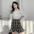 Set: Long-sleeve Tie-neck Shirt + Tweed Mini A-line Skirt
