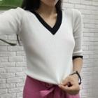 Panel V-neck Elbow-sleeve Knit Top