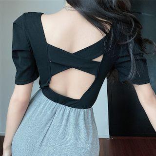 Short-sleeve Cross-strap Plain T-shirt