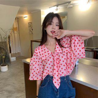 Elbow-sleeve Heart Print Shirt Pink - One Size