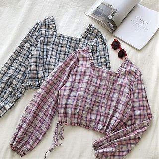 Plaid Square-neck Long-sleeve Blouse