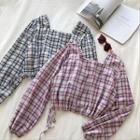 Plaid Square-neck Long-sleeve Blouse