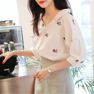 Single-breasted Short-sleeve Floral Print Embroidered Loose-fit Collared Panel Open-front Blouse