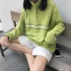 Lettering Long-sleeve Loose-fit Pullover Green - One Size