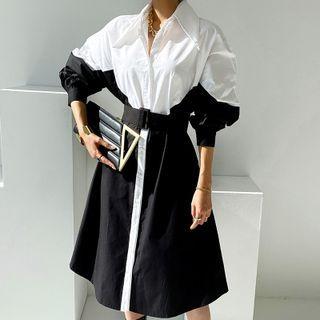 3/4 Sleeve Color-block Shirtdress As Shown In Figure - One Size