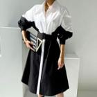 3/4 Sleeve Color-block Shirtdress As Shown In Figure - One Size