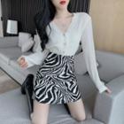 Long-sleeve Buttoned Knit Top / Zebra Print Mini A-line Skirt