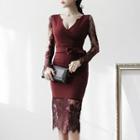 Long-sleeve Lace Panel Knit Sheath Midi Dress