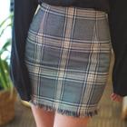 Fringe-hem Plaid Mini Pencil Skirt