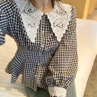 Checked Lace Trim Lantern-sleeve Peplum Top Black - One Size