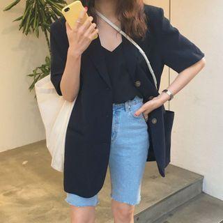Elbow-sleeve Button-up Jacket Black - One Size