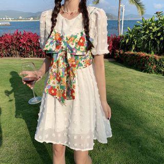Spaghetti Strap Floral Print Top / Short-sleeve A-line Dress