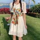 Spaghetti Strap Floral Print Top / Short-sleeve A-line Dress