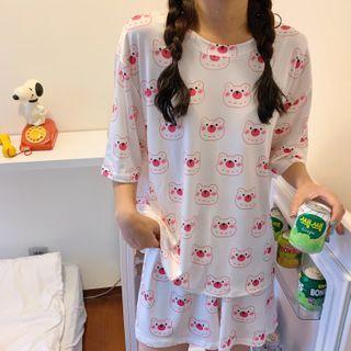 Bear Print Elbow-sleeve Sleep Top / Elbow-sleeve Shirt / Shorts / Set