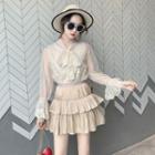 Long-sleeve Lace Blouse / Mini Tiered Skirt / Mesh Midi Skirt