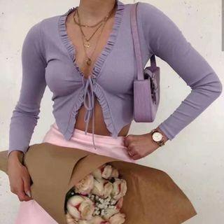 Long Sleeve V-neck Ruffled-trim Tie-front Crop Top