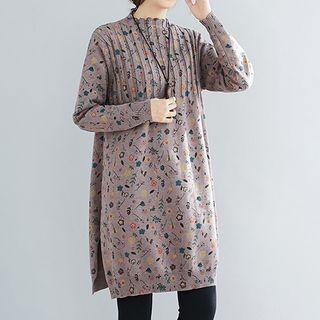 Long-sleeve Floral Print Mock-neck Knit Mini Dress