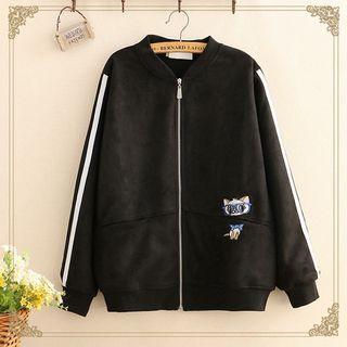 Faux Suede Cat Embroidered Baseball Jacket