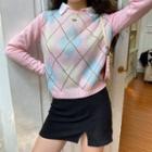 Round-neck Color-block Argyle Sweater