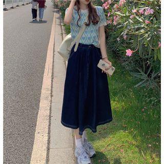Short-sleeve Heart Pattern Knit Top Blue Hearts - Light Aqua Green - One Size