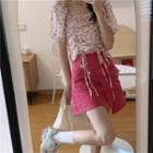 Puff-sleeve Floral Print Drawcord Top / Irregular A-line Mini Skirt