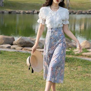 Set: Short-sleeve Lace Trim Shirt + Floral Midi Pencil Skirt