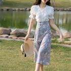 Set: Short-sleeve Lace Trim Shirt + Floral Midi Pencil Skirt
