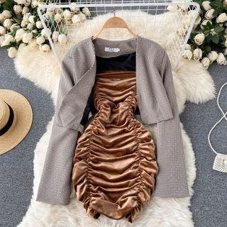 Set Of 2 : Suspender Velvet Dress + Plaid Long-sleeve Jacket