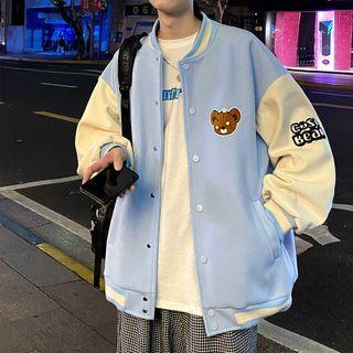 Bear Embroidered Color Block Baseball Jacket