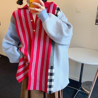 Striped Plaid Panel Knit Cardigan