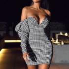 Long-sleeve Off-shoulder Houndstooth Mini Bodycon Dress